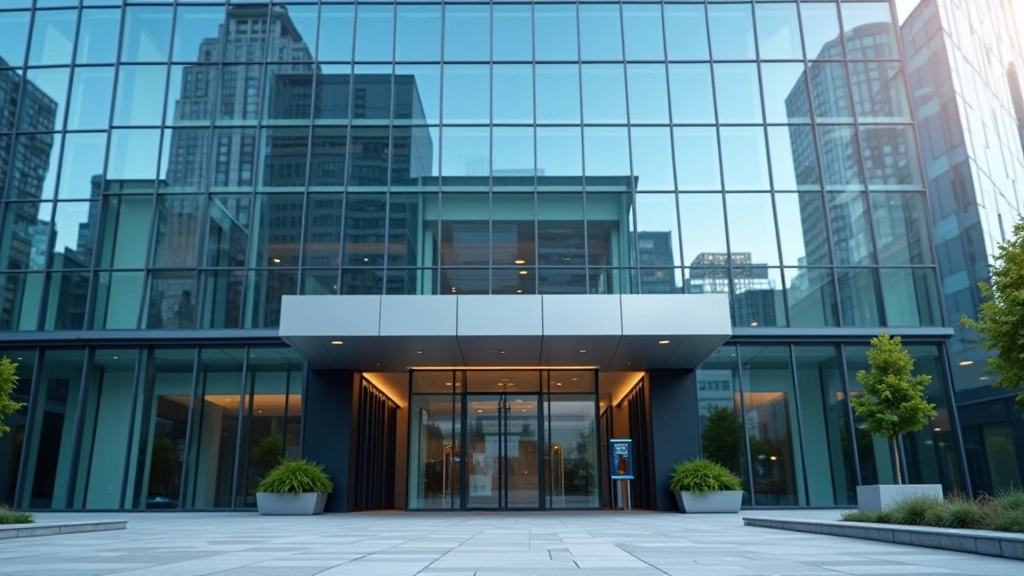 Modernstes Bankgebäude mit Glas und Stahl, Eingangsbereich mit LED-Beleuchtung, Tageslicht